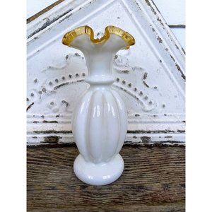 Vintage Fenton Melon Hold Crest Milk Glass Ruffle Crimped Vase